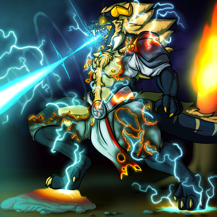 anthro armor body_hair breath_powers burning_clothes chest_hair clothed clothing digital_media_(artwork) dragon electricity fire glowing glowing_eyes hair hi_res horn hot_metal laser lightning male muscular muscular_male nipples open_mouth redgreenfluffball solo zach_snowfox