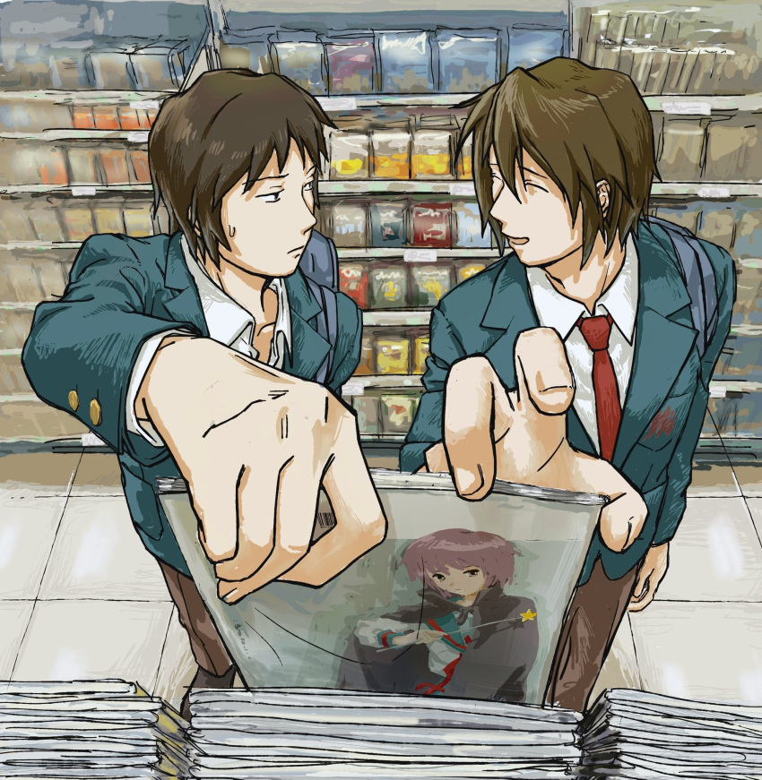 2boys bag bangs blazer book brown_hair brown_pants closed_eyes closed_mouth collarbone commentary_request green_jacket highres holding holding_book jacket kita_high_school_uniform koizumi_itsuki kusoheadme_26 kyon long_sleeves looking_at_another looking_to_the_side male_focus multiple_boys nagato_yuki necktie open_clothes open_jacket open_mouth pants red_necktie school_bag school_uniform shirt short_hair standing suzumiya_haruhi_no_yuuutsu sweatdrop white_shirt