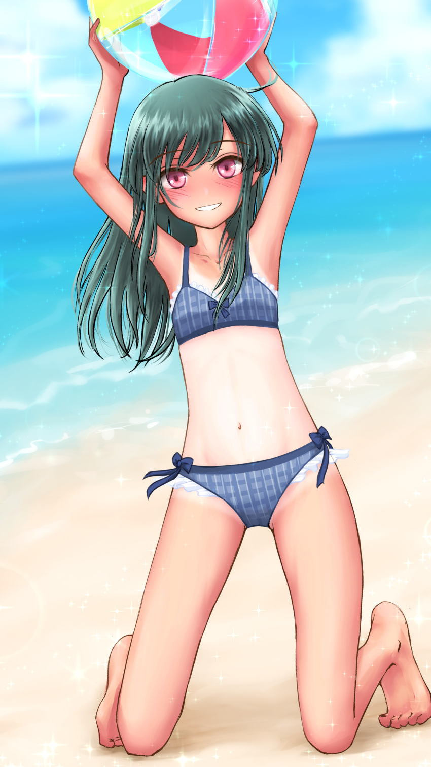 1girl absurdres arms_up ball barefoot beach beachball bikini blue_sky breasts cloud commentary_request cowboy_shot day highres kneeling leaning_to_the_side long_hair looking_at_viewer one-piece_tan original outdoors parted_lips plaid plaid_bikini red_eyes ryosuke_kuzumi sky small_breasts solo swimsuit tan tanlines