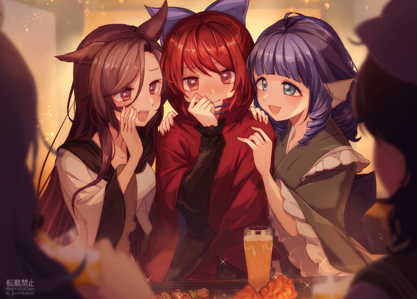 5girls alcohol animal_ears bangs banned_artist beer blue_hair blunt_bangs blurry blurry_background blurry_foreground bow brown_hair cape commentary depth_of_field dress drill_hair efxc frills grass_root_youkai_network green_kimono hair_bow head_fins imaizumi_kagerou japanese_clothes jewelry kimono long_hair long_sleeves mermaid monster_girl multiple_girls red_hair sash sekibanki short_hair touhou wakasagihime wide_sleeves wolf_ears