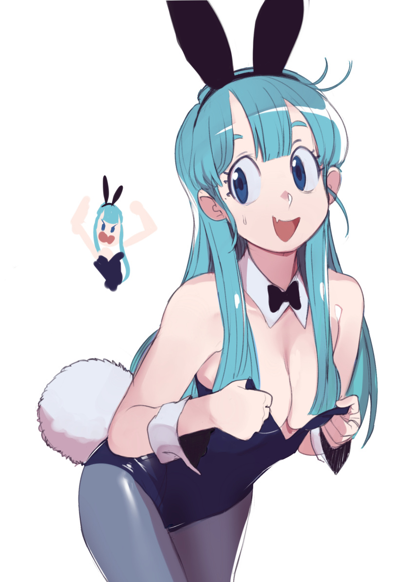 2girls :d angry animal_ears bare_shoulders blue_eyes blue_hair bow bowtie bulma detached_collar dragon_ball dragon_ball_(classic) fake_animal_ears fake_tail fang highres leotard long_hair multiple_girls oolong open_mouth playboy_bunny rabbit_ears rabbit_tail shapes sho-n-d skin_fang smile solo_focus sweatdrop tail undressing wrist_cuffs