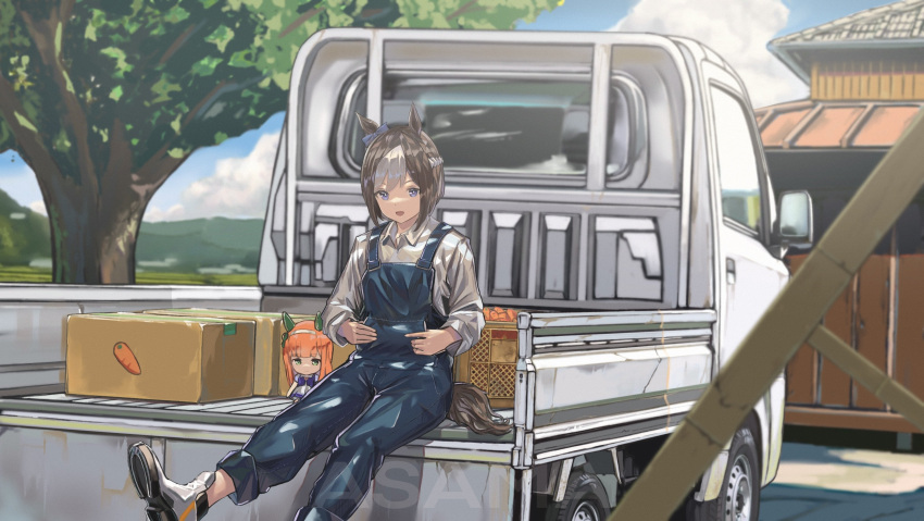 1girl absurdres animal_ears artist_name asama_(drift_in) bangs blue_bow blue_overalls bow box breasts brown_hair building cardboard_box carrot chibi cloud commentary_request ground_vehicle hair_bow highres horse_ears horse_girl horse_tail large_breasts motor_vehicle multicolored_hair multiple_girls outdoors overalls pickup_truck purple_eyes rural shirt short_hair silence_suzuka_(umamusume) sitting solo special_week_(umamusume) suzuki_(company) suzuki_carry tail tree truck two-tone_hair umamusume watermark white_hair