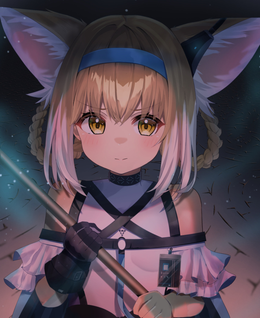 1girl animal_ear_fluff animal_ears arknights bangs bare_shoulders black_gloves blonde_hair blue_hairband braid brown_eyes closed_mouth commentary_request fox_ears gloves hair_between_eyes hair_rings hairband hands_up highres holding looking_at_viewer multicolored_hair no.054_(adar5857) shirt solo suzuran_(arknights) twin_braids two-tone_hair white_hair white_shirt