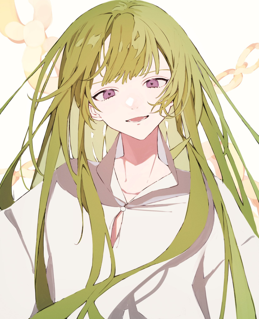 1other :d androgynous bangs chain commentary_request enkidu_(fate) fate/grand_order fate_(series) green_hair grey_background highres kingu_(fate) long_hair long_sleeves looking_at_viewer nonno_phi open_mouth purple_eyes robe simple_background smile solo upper_body very_long_hair white_robe