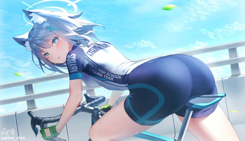 1girl aekun_cben animal_ear_fluff animal_ears ass bicycle bike_jersey bike_shorts blue_archive blue_eyes blue_sky breasts cloud cross_hair_ornament day from_side gloves green_gloves grey_hair ground_vehicle hair_ornament halo highres leaf leaning_forward looking_at_viewer looking_to_the_side medium_hair mismatched_pupils outdoors parted_lips riding riding_bicycle shiroko_(blue_archive) shiroko_(cycling)_(blue_archive) signature sky solo sweat twitter_username wolf_ears