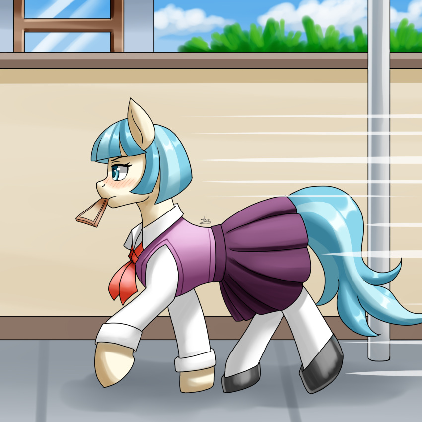 bangs blue_eyes blue_hair blue_tail blush bottomwear bread clothing coco_pommel_(mlp) earth_pony equid equine female feral food footwear friendship_is_magic hair half-closed_eyes hallway hasbro hi_res horse mammal mouth_hold my_little_pony narrowed_eyes pony ribbons running school_uniform shoes skirt solo tan_body toast uniform zachc