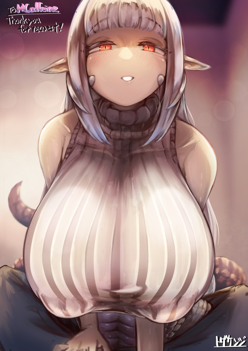 1boy 1girl absurdres bangs bare_shoulders blunt_bangs breasts commission covered_nipples crawling highres huge_breasts lamia leaning_forward looking_at_viewer monster_girl monster_girl_encyclopedia pointy_ears pov puffy_nipples red_eyes scales shirohebi_(monster_girl_encyclopedia) sidelocks skeb_commission sleeveless sleeveless_sweater solo_focus sweater tail todakenji white_hair