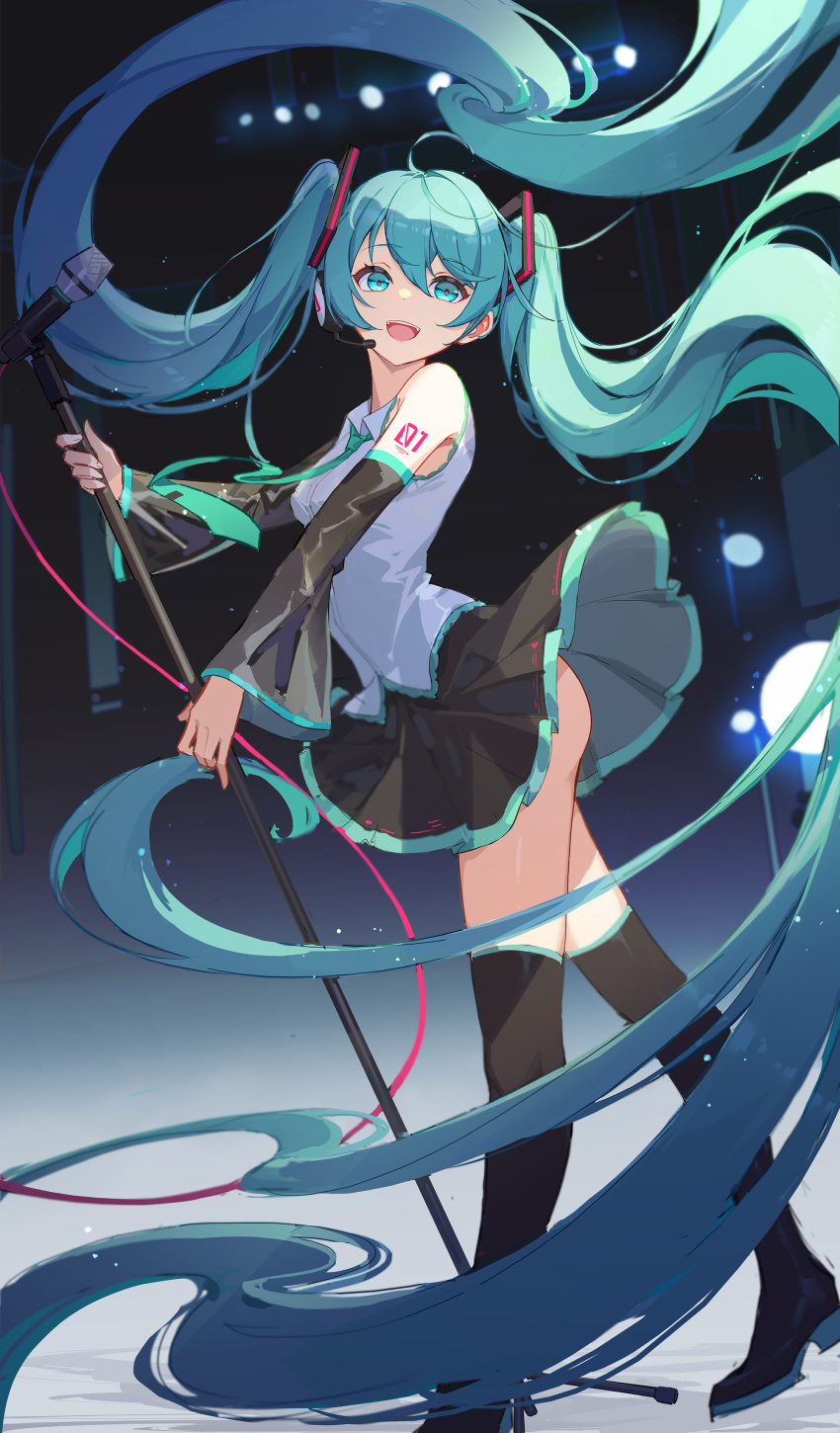 1girl absurdly_long_hair absurdres aqua_eyes aqua_hair aqua_skirt bangs black_footwear black_skirt black_sleeves boots commentary detached_sleeves hair_between_eyes hatsune_miku highres lance_(lancelliu) long_hair looking_at_viewer microphone open_mouth pink_ribbon pleated_skirt ribbon shirt skirt sleeveless sleeveless_shirt solo standing thigh_boots twintails very_long_hair vocaloid white_shirt