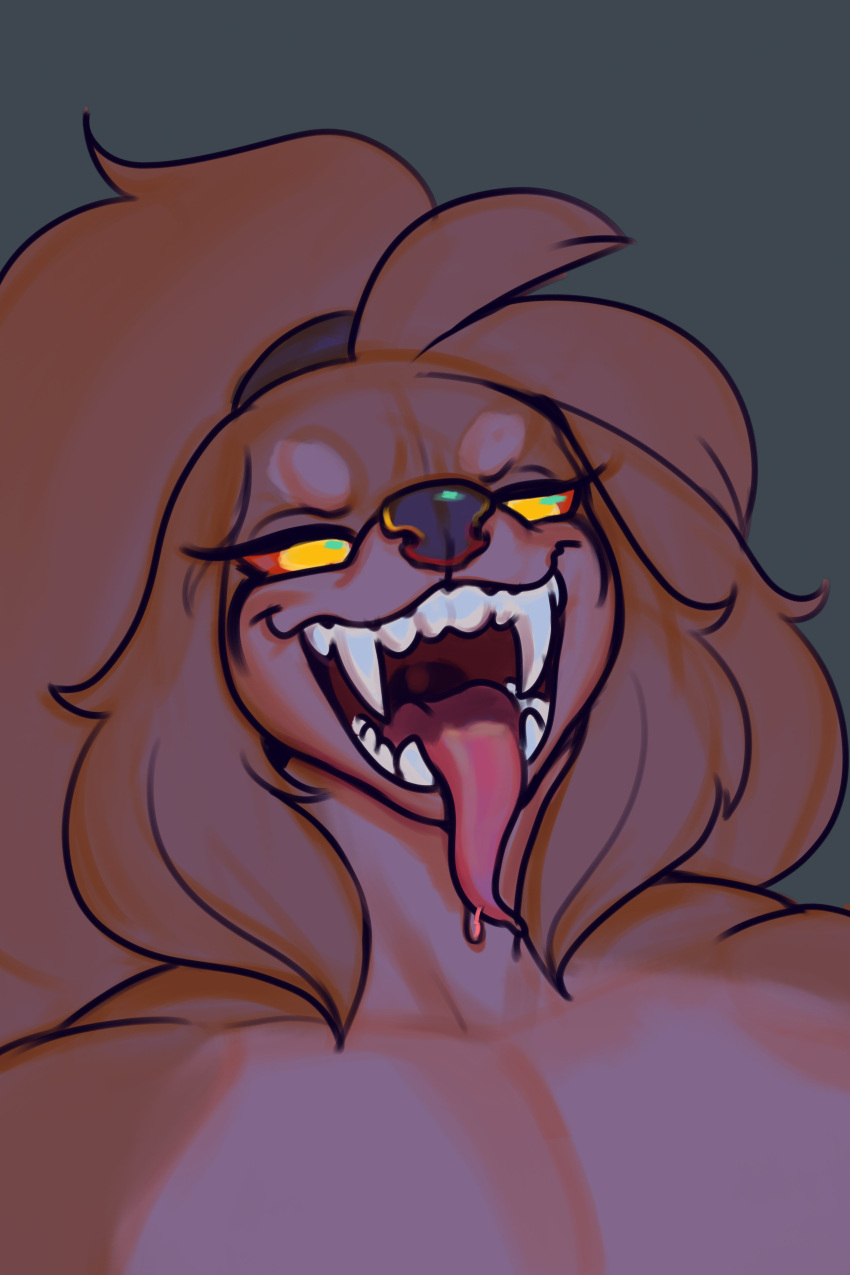 absurd_res anthro bedroom_eyes bird_dog brown_body brown_fur brown_hair canid canine canis cocker_spaniel diadorin domestic_dog fangs floppy_ears fur grey_background hair half-closed_eyes hi_res hunting_dog long_hair long_tongue male mammal mouth_shot muscle_tone muscular muscular_anthro muscular_male narrowed_eyes nugget_(diadorin) open_mouth open_smile orange_sclera pecs seductive simple_background smile solo spaniel tongue tongue_out