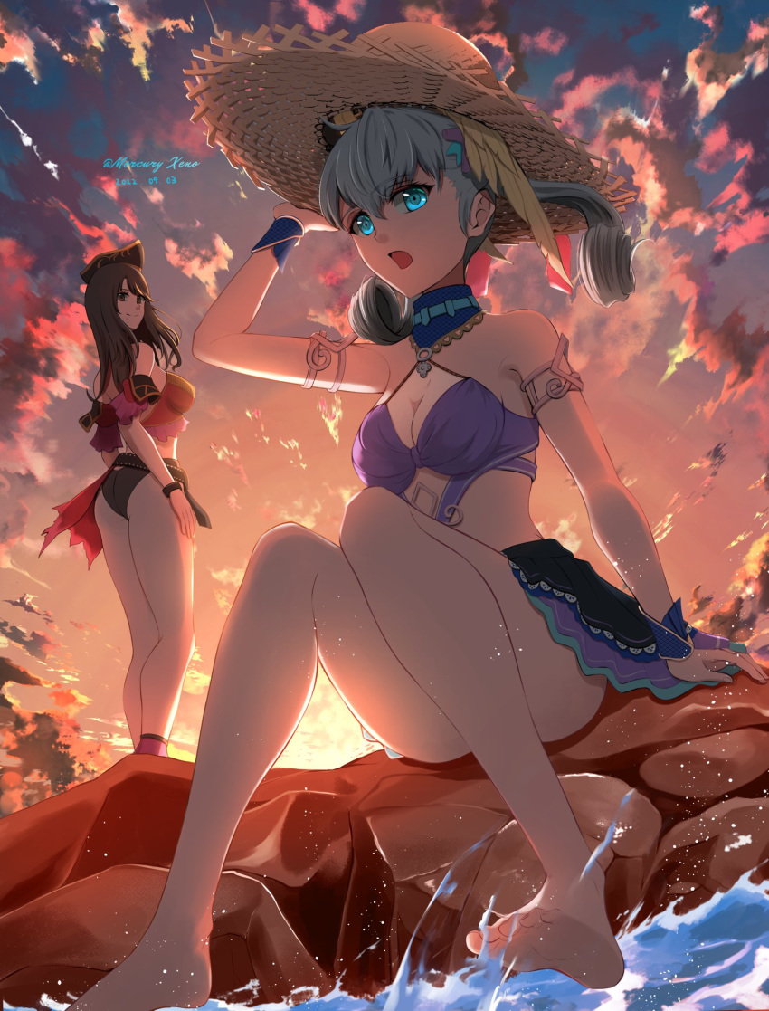 2girls ass barefoot breasts cleavage evening full_body grey_hair hand_on_headwear hat head_wings highres medium_breasts melia_antiqua mercury_xeno multiple_girls rock sharla_(xenoblade) sitting standing straw_hat swimsuit water xenoblade_chronicles_(series) xenoblade_chronicles_1