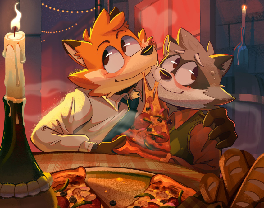 2022 aiden_harris anthro blush canid canine closet_coon clothing colin_young detailed_background duo embrace food fox hi_res hug male mammal necktie night pizza procyonid raccoon shirt srfennec topwear