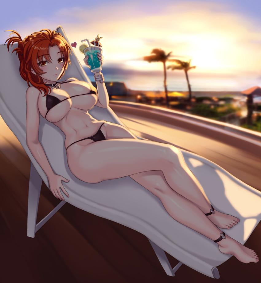 1girl barefoot beach beach_chair bikini black_bikini black_choker blue_sky breasts choker closed_mouth cloud cloudy_sky crossed_legs cup drink drinking_glass drinking_straw food fruit full_body heart highres holding holding_cup honkai_(series) honkai_impact_3rd large_breasts lemon lemon_slice murata_himeko navel outdoors palm_tree red_hair sand shadow sitting sky smile solo sunset swimsuit toes tree turna98 yellow_eyes