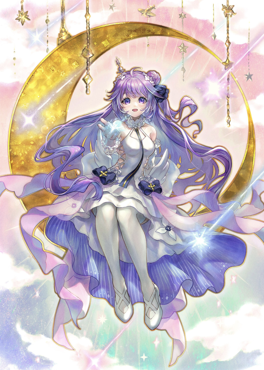 absurdres ahoge azur_lane calligraphy_brush_(medium) crescent_moon criss-cross_halter dress hair_bun halterneck highres long_hair looking_at_viewer low_wings mahos_san moon oil_painting_(medium) one_side_up open_mouth painting_(medium) purple_eyes purple_hair shoes single_hair_bun skirt smile solo traditional_media unicorn_(azur_lane) white_dress wings