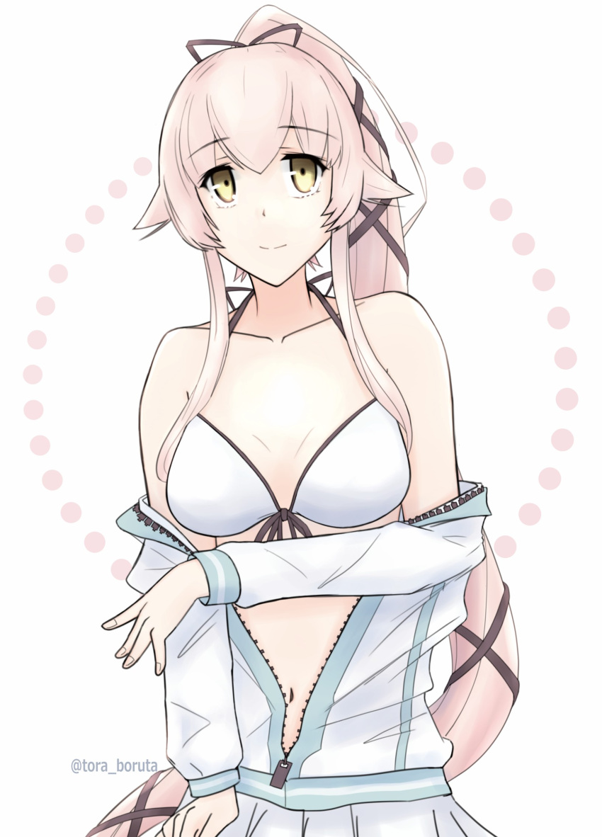 1girl bikini bikini_under_clothes black_ribbon breasts hair_flaps hair_ribbon highres jacket kantai_collection long_hair long_sleeves medium_breasts navel off_shoulder open_clothes open_jacket pink_hair pleated_skirt ponytail ribbon sidelocks skirt solo swimsuit toraboruta very_long_hair white_bikini white_jacket white_skirt yellow_eyes yura_(kancolle)