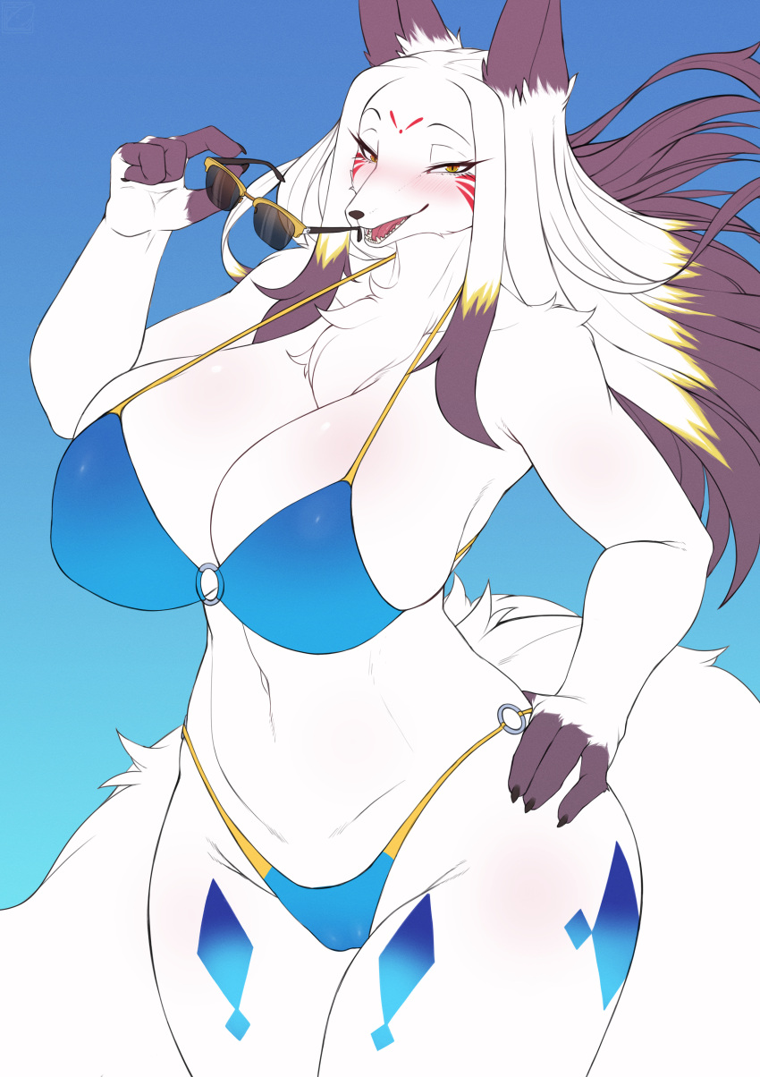 absurd_res anthro big_breasts bikini blush breasts canid canine clothed clothing cyberconnect2 daji_(full_bokko_heroes) drecom eyewear female fox full_bokko_heroes fur hand_on_hip hi_res huge_breasts looking_at_viewer mammal omega56 open_mouth smile solo sunglasses swimwear video_games white_body white_fur yellow_eyes