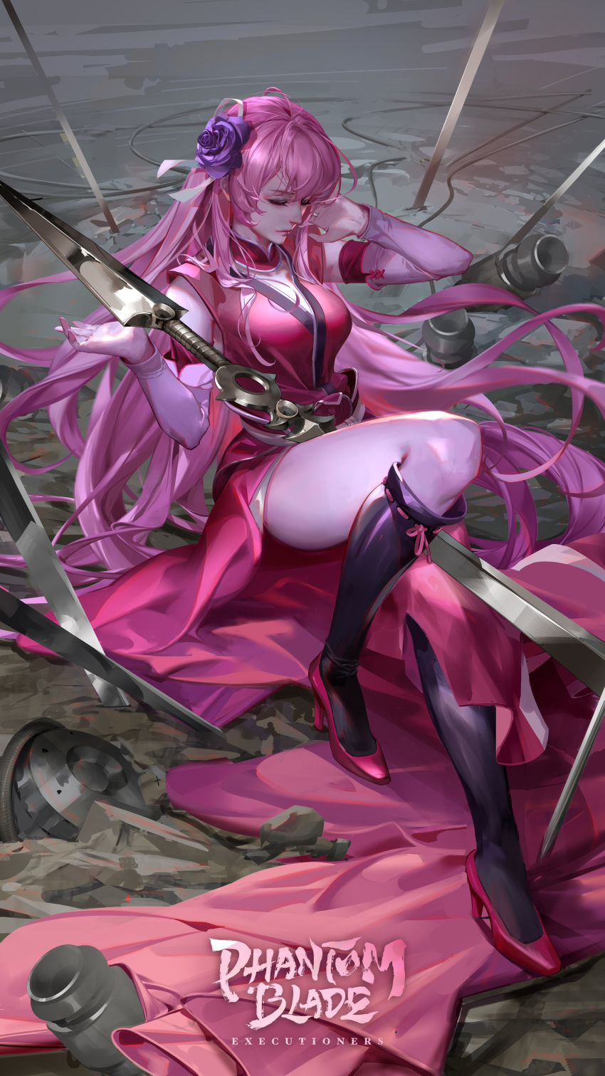 1girl absurdres black_socks chinese_clothes closed_eyes closed_mouth cup detached_collar detached_sleeves dress flower full_body hair_flower hair_ornament hanfu high_heels highres libing long_hair mu_xiaokui_(phantom_blade) mug phantom_blade_(game) pink_dress pink_hair planted planted_sword second-party_source sitting socks solo sword thighhighs weapon