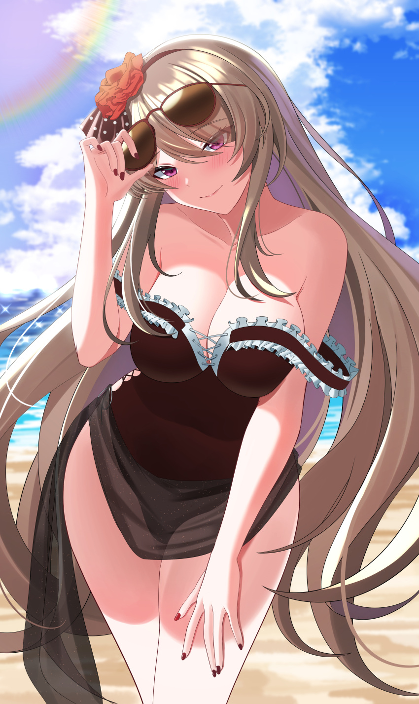 1girl absurdres aircell arm_up bangs beach blue_sky breasts brown-framed_eyewear brown-tinted_eyewear brown_hair brown_one-piece_swimsuit cleavage closed_mouth cloud cloudy_sky day eyes_visible_through_hair eyewear_lift eyewear_on_head frills hair_over_one_eye head_tilt highres honkai_(series) honkai_impact_3rd horizon lens_flare lifted_by_self long_hair medium_breasts nail_polish ocean outdoors purple_eyes red_nails rita_rossweisse sand sky smile solo strap_slip swimsuit tinted_eyewear very_long_hair water