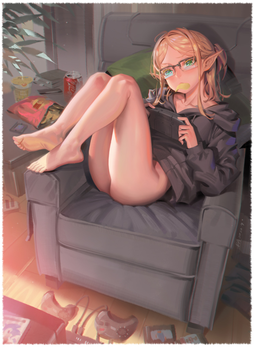 1girl absurdres alphonse_(white_datura) bare_legs barefoot black-framed_eyewear blonde_hair blush bottomless chips coca-cola collarbone commentary_request controller dated eating elf feet food food_in_mouth full_body game_controller glasses green_eyes grey_hoodie handheld_game_console highres hood hood_down hoodie indoors isekai_ojisan looking_at_viewer medium_hair pillow plant pointy_ears ponytail potato_chips raised_eyebrow shibazaki_yousuke sitting solo sonic_the_hedgehog sui_(isekai_ojisan)