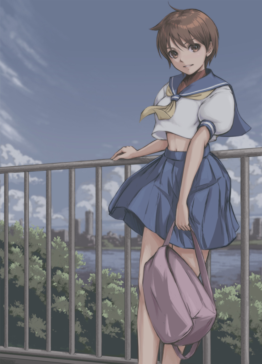 1girl absurdres ahoge backpack bag blue_sailor_collar brown_eyes brown_hair cityscape cloud cloudy_sky eyfr3252 fence highres holding holding_bag kasugano_sakura looking_at_viewer midriff navel popped_collar puffy_short_sleeves puffy_sleeves river sailor_collar school_uniform serafuku short_hair short_sleeves skirt sky smile solo street_fighter