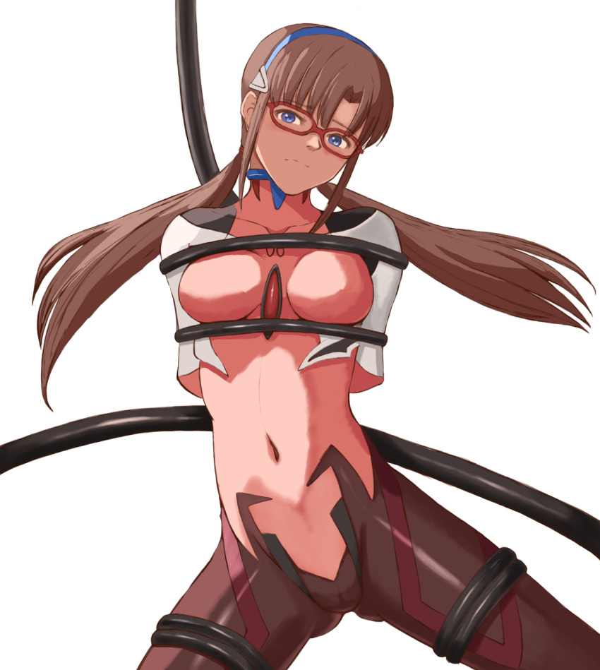 1girl arms_behind_back ass_visible_through_thighs bdsm blue_eyes bodysuit bondage bound breasts brown_hair cameltoe covered_navel embarrassed evangelion:_3.0_you_can_(not)_redo glasses hairband highres long_hair looking_at_viewer makinami_mari_illustrious medium_breasts neon_genesis_evangelion pink_bodysuit plugsuit popo_agaga rebuild_of_evangelion red-framed_eyewear solo thighs twintails