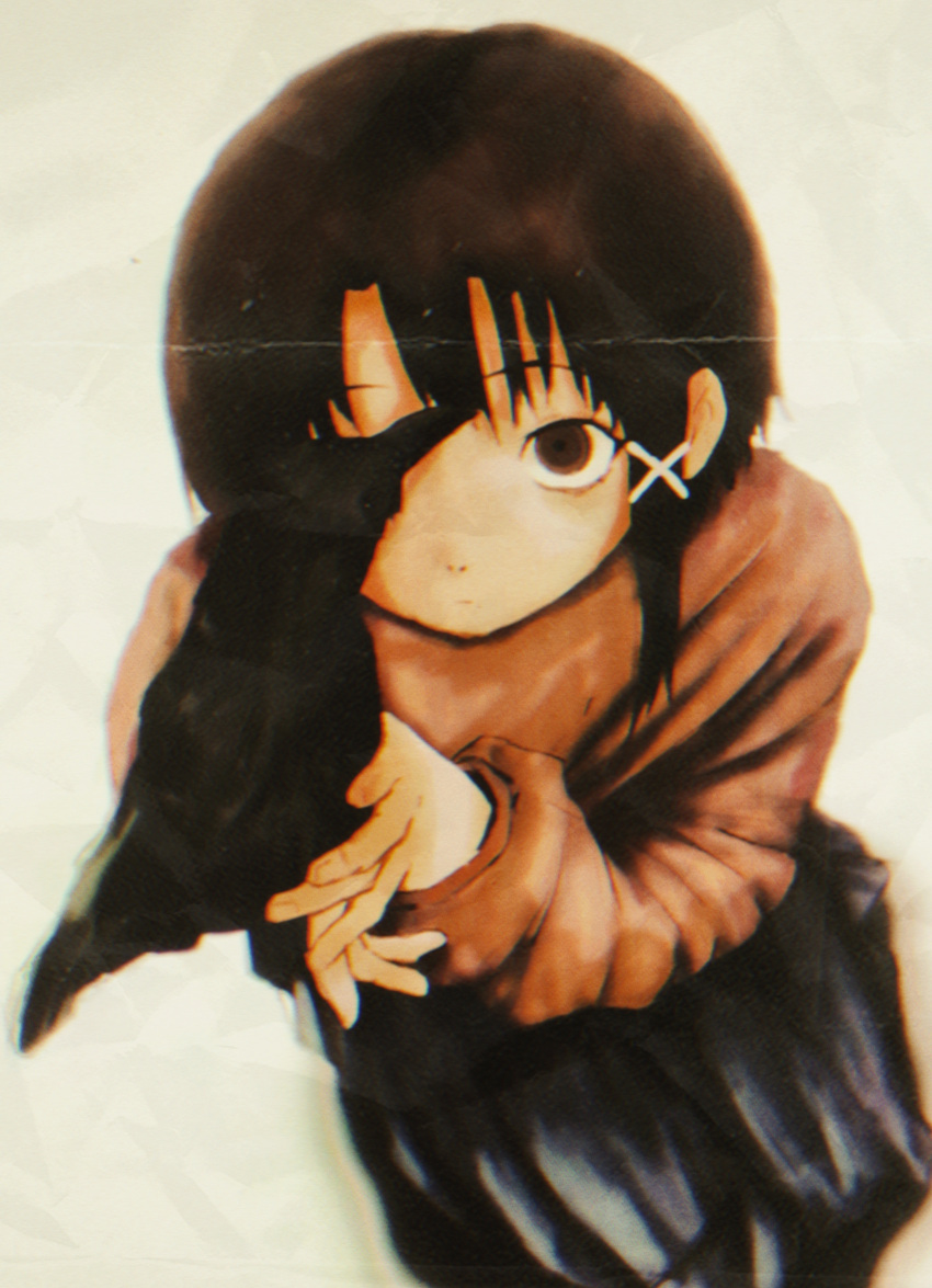 1girl absurdres animal asymmetrical_hair bird bird_on_hand blue_skirt brown_eyes covering_one_eye crow from_above hair_ornament hairclip highres iwakura_lain long_sleeves looking_at_viewer pink_sweater ranm12s serial_experiments_lain single_sidelock skirt sweater white_background x_hair_ornament