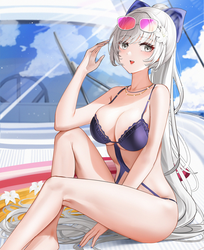 1girl azur_lane bangs bare_arms bare_legs bare_shoulders blue_bow blue_sky blush boat bow breasts chain_necklace cleavage clothing_cutout cloud day elbow_rest eyewear_on_head feet_out_of_frame flower grey_eyes hair_bow hair_flower hair_intakes hair_ornament hand_up highres jewelry lace-trimmed_swimsuit lace_trim large_breasts light_blush long_hair looking_at_viewer monokini necklace official_alternate_costume one-piece_swimsuit outdoors parted_lips ponytail purple_one-piece_swimsuit qing_wu sidelocks sitting sky solo swimsuit tinted_eyewear vittorio_veneto_(azur_lane) vittorio_veneto_(the_flower_of_la_spezia)_(azur_lane) watercraft white-framed_eyewear white_flower white_hair