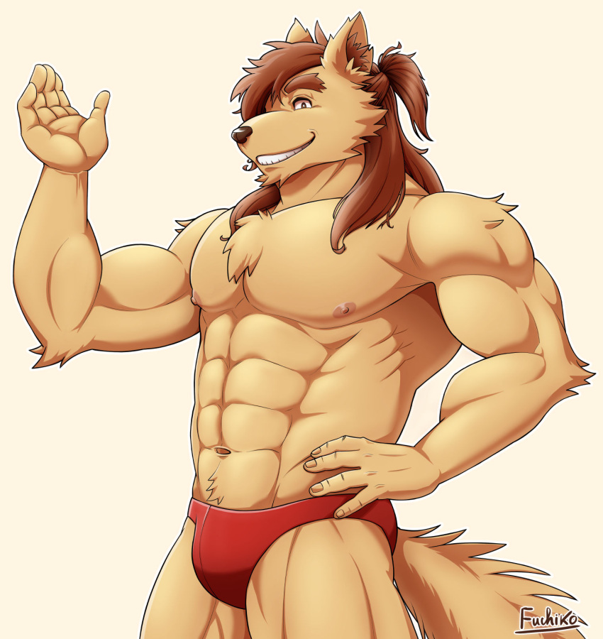abs anthro brown_hair canid canine canis clothing fuchikobaku hair hi_res humanoid long_hair male mammal muscular nipples red smile underwear wolf yellow_body