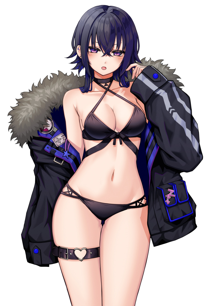 1girl absurdres bangs bare_shoulders bikini black_bikini black_hair black_jacket blush breasts choker cleavage collarbone commentary_request criss-cross_halter ear_piercing fur-trimmed_jacket fur_trim groin_tendon halterneck hand_up highres ichinose_uruha jacket kushinaka long_hair long_sleeves looking_at_viewer lupinus_virtual_games medium_breasts multicolored_hair navel open_clothes open_jacket open_mouth piercing purple_eyes sidelocks simple_background solo swimsuit thigh_strap two-tone_hair virtual_youtuber vspo! white_background