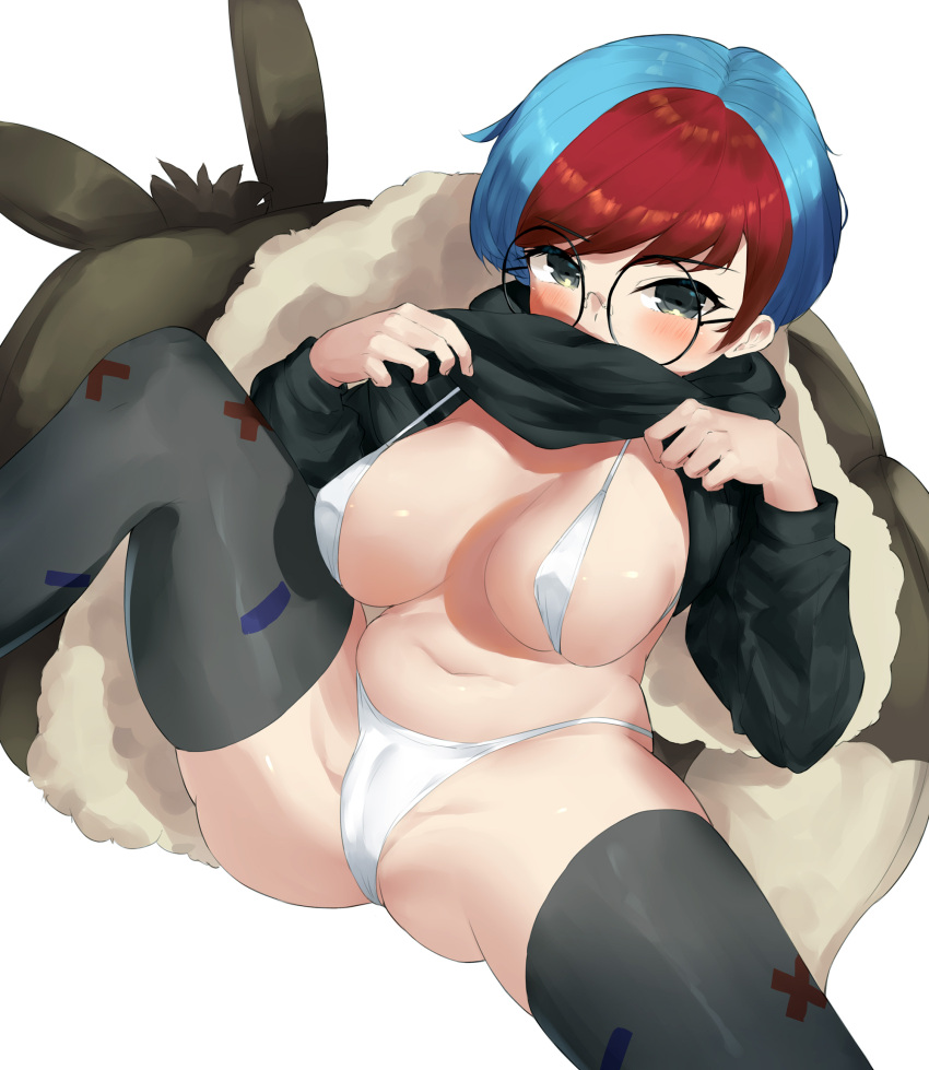 1girl bikini bikini_under_clothes black-framed_eyewear black_sweater black_thighhighs blue_hair blush brown_coat cameltoe clothes_lift coat coat_removed covering_mouth dantahi01 fur-trimmed_coat fur_trim glasses green_eyes highres knee_up lifted_by_self looking_at_viewer multicolored_hair navel penny_(pokemon) plump pokemon pokemon_(game) pokemon_sv red_hair round_eyewear short_hair sitting skindentation solo spread_legs sweater sweater_lift swimsuit thighhighs two-tone_hair white_bikini