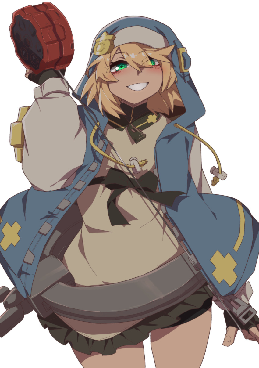 1boy absurdres androgyne_symbol black_bow black_gloves blue_hoodie blush bow bridget_(guilty_gear) chain cross cross_print cuffs eyelashes eyes_visible_through_hair fingerless_gloves fingernails gloves green_eyes guilty_gear habit handcuffs highres holding holding_toy hood hood_up hoodie long_eyelashes looking_at_viewer male_focus open_clothes open_hoodie otoko_no_ko oversized_zipper simple_background smile solo takoongyi teeth toy white_background yo-yo zipper zipper_pull_tab