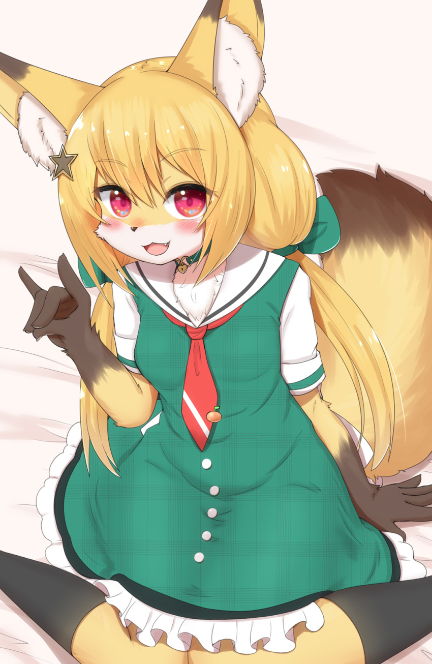2022 anthro blonde_hair blush breasts brown_body brown_fur canid canine clothed clothing cute_fangs dipstick_ears dipstick_tail dress female female_anthro fluffy fox fox_shadow_puppet fur gesture hair hi_res horokusa0519 inner_ear_fluff kemono looking_at_viewer mammal markings multicolored_ears red_eyes sitting small_breasts solo tail_markings tuft wariza white_body white_fur yellow_body yellow_fur