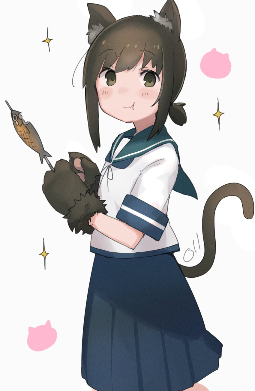 1girl absurdres animal_ears animal_hands black_hair brown_eyes cat_ears cat_paws cat_tail eating fish fubuki_(kancolle) highres kantai_collection looking_at_viewer low_ponytail ma_rukan school_uniform serafuku short_ponytail signature skirt smile solo tail tears white_background