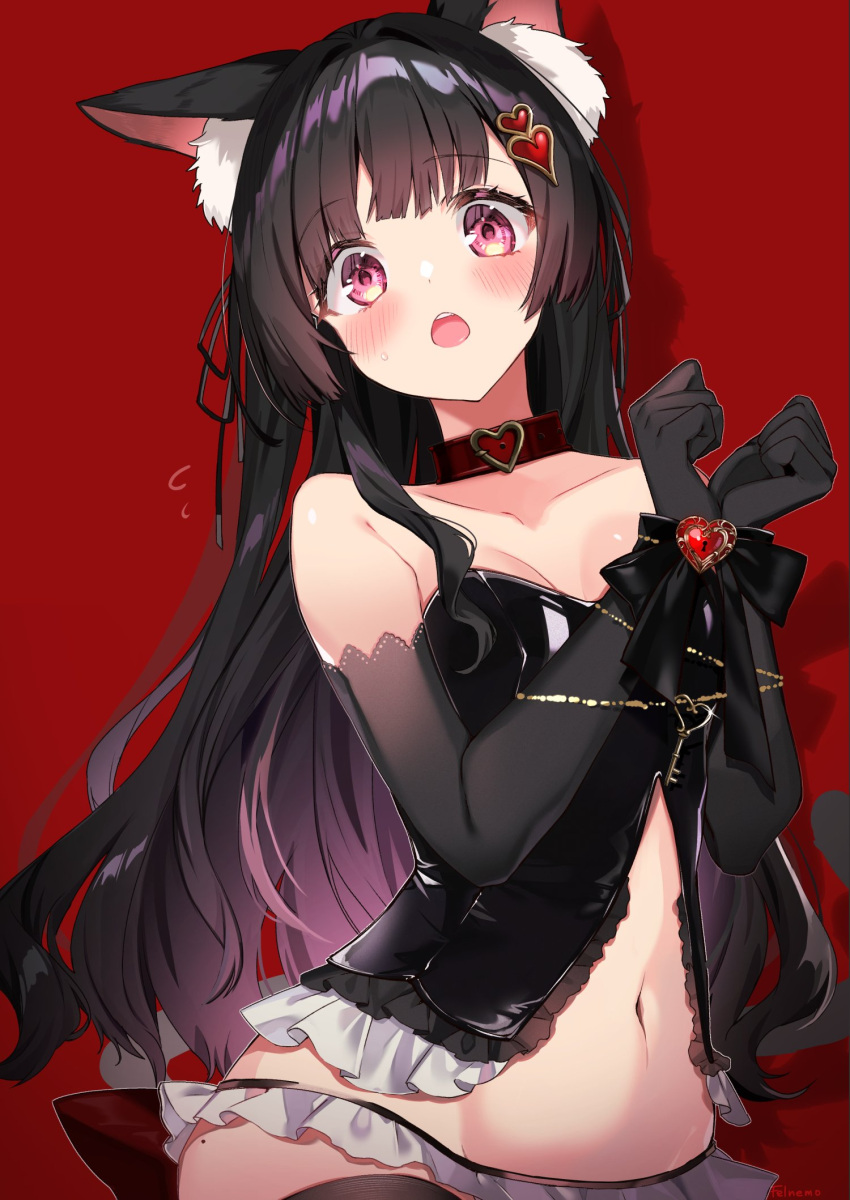 1girl animal_ear_fluff animal_ears artist_name bangs black_bow black_gloves black_hair black_ribbon black_thighhighs blush bound bound_wrists bow cat_ears cat_girl cat_tail clothing_request collar collarbone elbow_gloves felnemo flying_sweatdrops gloves hair_ornament hairpin heart heart_hair_ornament highres key long_hair mole mole_on_thigh navel open_mouth original pink_eyes red_background red_collar ribbon solo sweat tail thighhighs