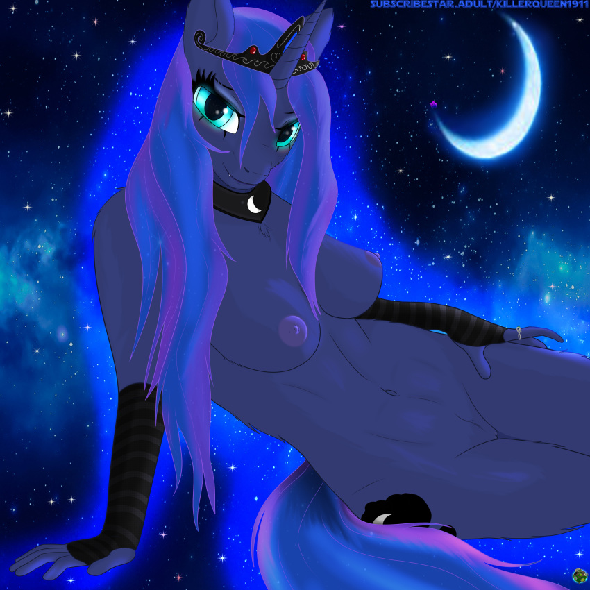 absurd_res anthro bedroom_eyes blue_body blue_eyes blue_fur blue_hair blush breasts clothed clothing crown cutie_mark detailed_background equid equine exposed_breasts eyelashes eyeshadow fangs female friendship_is_magic fur gem genitals glowing glowing_eyes hair hi_res horn horse jewelry killerqueen1911 lips looking_at_viewer makeup mammal moon my_little_pony narrowed_eyes navel nipples nude partially_clothed pony princess princess_luna_(mlp) pussy regalia ring royalty seductive shaded simple_shading sleeves solo solo_focus space star winged_unicorn wings