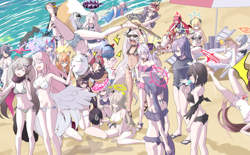 &gt;_&lt; 1boy 6+girls =3 ? absurdly_long_hair ahoge akari_(blue_archive) ako_(blue_archive) alternate_costume alternate_hairstyle anger_vein animal_ear_fluff animal_ears armpits arms_behind_back arms_up ayane_(blue_archive) ayane_(swimsuit)_(blue_archive) azusa_(blue_archive) azusa_(swimsuit)_(blue_archive) ball bangs bare_shoulders beach bead_necklace beads belt bikini black_bikini black_hair black_hairband black_one-piece_swimsuit black_shirt black_wings blue_archive blue_eyes blue_hair blush blush_stickers breasts buried cat_ears chise_(blue_archive) chise_(swimsuit)_(blue_archive) cleavage closed_eyes closed_mouth collarbone commentary_request competition_swimsuit cup dark_skin demon_horns demon_wings denim denim_shorts drinking_glass eyewear_on_head flip-flops flower flying_sweatdrops food fox_ears fox_girl fox_tail frilled_bikini frills from_above from_behind full_body green_bikini green_eyes grey_background grey_hair hair_between_eyes hair_flower hair_ornament hairband hairclip halo haruna_(blue_archive) heart highres hina_(blue_archive) hina_(swimsuit)_(blue_archive) hinata_(blue_archive) holding holding_ball holding_cup holding_plate holding_sword holding_weapon horns hoshino_(blue_archive) hoshino_(swimsuit)_(blue_archive) huge_breasts index_fingers_together iori_(blue_archive) iori_(swimsuit)_(blue_archive) izumi_(blue_archive) izumi_(swimsuit)_(blue_archive) izuna_(blue_archive) izuna_(swimsuit)_(blue_archive) jewelry junko_(blue_archive) kneeling large_breasts long_hair looking_at_another low_wings lying mari_(blue_archive) mari_(swimsuit)_(blue_archive) mashiro_(blue_archive) mashiro_(swimsuit)_(blue_archive) michiru_(blue_archive) mika_(blue_archive) mimori_(blue_archive) mismatched_pupils motion_lines multiple_girls navel necklace neru_(blue_archive) nonomi_(blue_archive) nonomi_(swimsuit)_(blue_archive) ocean octopus off-shoulder_bikini off_shoulder on_back on_stomach one-piece_swimsuit orange_hair own_hands_clasped own_hands_together parasol pink_bikini pink_hair plate ponytail popsicle popsicle_in_mouth purple_eyes purple_hair red_bikini red_eyes sandals school_swimsuit sensei_(blue_archive) serika_(blue_archive) serika_(swimsuit)_(blue_archive) shaded_face shiroko_(blue_archive) shiroko_(swimsuit)_(blue_archive) shirt shizuko_(blue_archive) shizuko_(swimsuit)_(blue_archive) short_sleeves shorts side-tie_bikini_bottom sidelocks sitting smile spaghetti_strap squatting squiggle standing stomach striped striped_bikini sunglasses sweatdrop swimsuit sword tail thighlet tonomiya68 top-down_bottom-up trapped tsurugi_(blue_archive) tsurugi_(swimsuit)_(blue_archive) twintails two_side_up umbrella v very_long_hair wakamo_(blue_archive) wakamo_(swimsuit)_(blue_archive) walking wariza water weapon white_bikini wings wooden_sword yellow_bikini yellow_eyes yuuka_(blue_archive)
