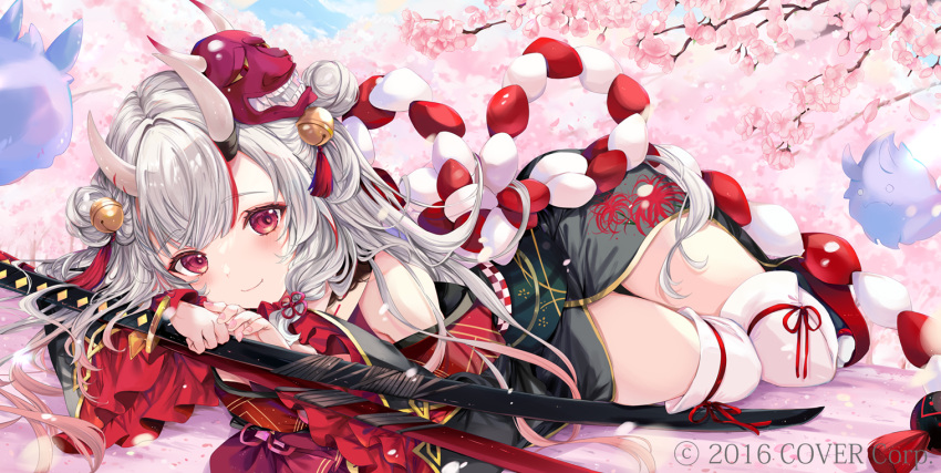 1girl bangs black_kimono blush cherry_blossoms commentary_request copyright_name double_bun grey_hair hair_between_eyes hair_bun hinahino hololive horns japanese_clothes karma_(nakiri_ayame) katana kimono long_hair looking_at_viewer lying mask mask_on_head multicolored_hair nakiri_ayame obi on_side oni_horns oni_mask red_hair sash sheath sheathed shiranui_(nakiri_ayame) sidelocks smile solo streaked_hair sword tabi thighhighs virtual_youtuber weapon white_thighhighs