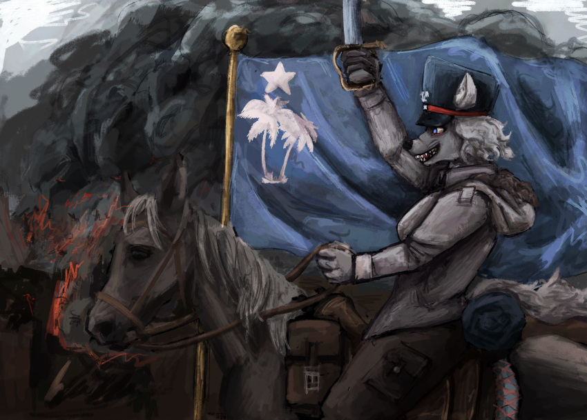 anon2000000 anthro army army_hat army_uniform bottomwear canid canine canis clothed clothing coat crazy_eyes digital_media_(artwork) digital_painting_(artwork) equid equine female female_focus female_on_top feral fire flag flag_(object) flag_design fur hair hat headgear headwear hi_res horse horseback insane jacket mammal melee_weapon military military_uniform on_top open_mouth outside palm_tree pants plant propaganda raised_arm reins riding riding_on_back saddle smile smoke soldier solo sword teeth topwear tree uniform war warrior weapon white_body white_fur white_hair white_tail wolf world_war_1