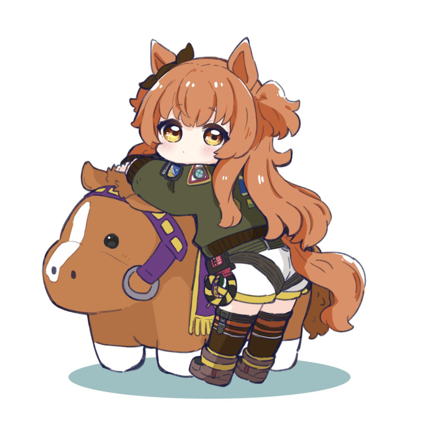 1girl animal_ears ass black_ribbon blush brown_footwear brown_hair brown_thighhighs closed_mouth commentary_request ear_ribbon from_behind green_jacket highres horse_ears horse_girl horse_tail jacket long_hair long_sleeves looking_at_viewer looking_back mayano_top_gun_(racehorse) mayano_top_gun_(umamusume) nozo_(hitomiz) puffy_long_sleeves puffy_sleeves red_eyes ribbon shadow shoes short_shorts shorts simple_background sleeves_past_wrists solo stuffed_horse tail thighhighs two_side_up umamusume very_long_hair white_background white_shorts