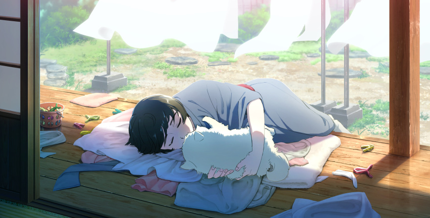 1boy animal_hug architecture axis_powers_hetalia backlighting black_hair blue_kimono clothes clothes_pin day dog east_asian_architecture highres japan_(hetalia) japanese_clothes kimono lying on_side outdoors pcpc_onaka pochi_(hetalia) scenery short_hair sleeping sliding_doors stepping_stones towel wooden_porch yukata