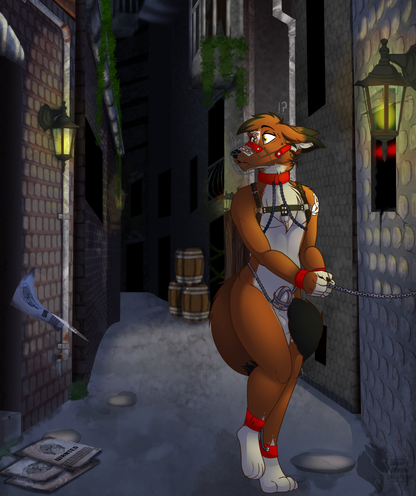 2022 absurd_res alley anthro balls bdsm biped bondage bound cage_muzzle canid canine chain chained chastity_cage chastity_device collar cuff_(restraint) detailed_background digital_media_(artwork) distracted fur genitals grumpy_griffin_creations hair harness hi_res male mammal muzzle_(object) muzzled nude outside penis plant restraints shackles slave solo standing submissive text wanted_poster white_body white_fur