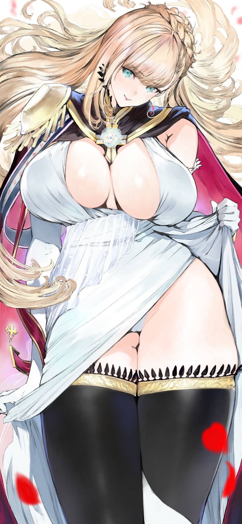1girl absurdres aqua_eyes armpits black_cape black_thighhighs blonde_hair braid breasts breasts_apart cape clothes_lift commission cross crown_braid dress dress_lift earrings elbow_gloves gloves head_tilt highres houden_eizou iron_cross jewelry lace large_breasts long_hair looking_at_viewer original panties petals skeb_commission solo thick_thighs thighhighs thighs two-sided_fabric underwear very_long_hair white_dress white_gloves white_panties