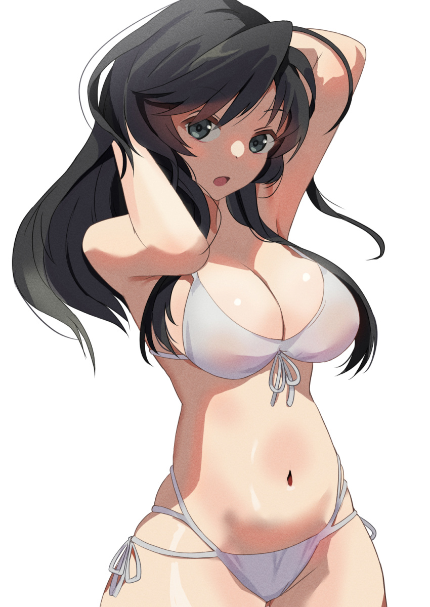 1girl :o arms_up bikini black_hair blaze_(artist) breasts cleavage dot_nose girls_und_panzer grey_eyes hands_in_hair highres isuzu_hana large_breasts long_hair looking_at_viewer multi-strapped_bikini navel open_mouth side-tie_bikini_bottom sidelocks simple_background skindentation solo stomach swimsuit white_background white_bikini