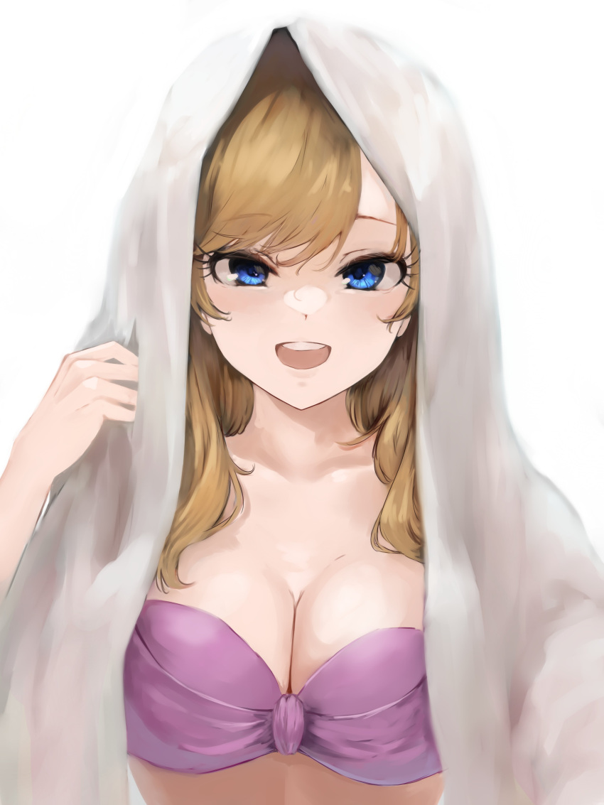 1girl absurdres bikini blonde_hair blue_eyes blush breasts cleavage collarbone highres idolmaster idolmaster_cinderella_girls lamp_p9 looking_at_viewer medium_breasts ohtsuki_yui pink_bikini round_teeth simple_background smile solo swimsuit teeth towel towel_on_head underwear upper_body white_towel