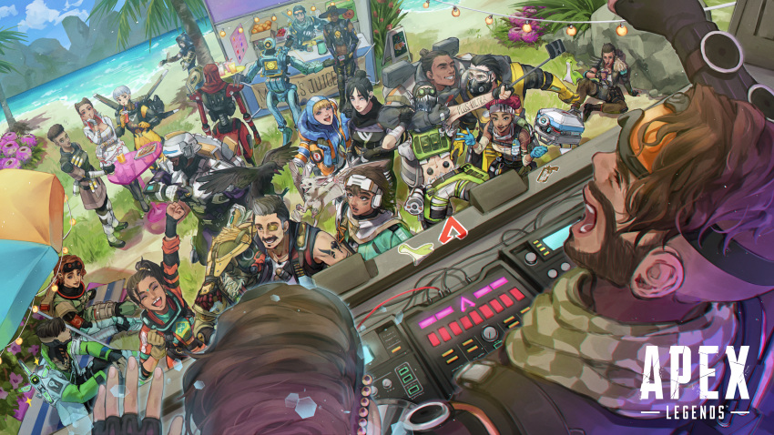 1other 6+boys 6+girls ^_^ absurdres ambiguous_gender android apex_legends armor ash_(titanfall_2) bandana bangalore_(apex_legends) bat_(animal) beach beard bird black_bodysuit black_hair black_jacket black_shirt bloodhound_(apex_legends) blue_bodysuit blue_gloves blue_headwear blue_jacket blue_leotard blue_shirt bodysuit bossan_3310 braid breastplate breasts brown_hair brown_jacket caustic_(apex_legends) closed_eyes completion_time copyright_name cropped_jacket crow crypto_(apex_legends) cup d.o.c._health_drone dark-skinned_female dark-skinned_male dark_skin double_bun drinking_straw_in_mouth drone echo_(apex_legends) everyone eyepatch facial_hair flying food_stand fuse_(apex_legends) gibraltar_(apex_legends) gloves goatee goggles green_eyes hack_(apex_legends) hair_bun headband helmet highres holding holding_cup hologram hooded_leotard horizon_(apex_legends) humanoid_robot jacket jetpack jumpsuit large_breasts leotard lifeline_(apex_legends) loba_(apex_legends) logo mad_maggie_(apex_legends) medium_breasts mirage_(apex_legends) multiple_boys multiple_girls navel newcastle_(apex_legends) octane_(apex_legends) official_art one_eye_covered orange_bodysuit orange_jumpsuit palm_tree parted_lips party pathfinder_(apex_legends) rampart_(apex_legends) red_bandana red_hair revenant_(apex_legends) ribbed_bodysuit rock screen seer_(apex_legends) selfie_stick shirt short_hair simulacrum_(titanfall) sitting sleeveless sleeveless_jacket smile spacesuit standing storm_point_(apex_legends) stuffed_toy table tooth_gap tree twin_braids undercut v valkyrie_(apex_legends) vantage_(apex_legends) wattson_(apex_legends) white_headband white_jacket wraith_(apex_legends)