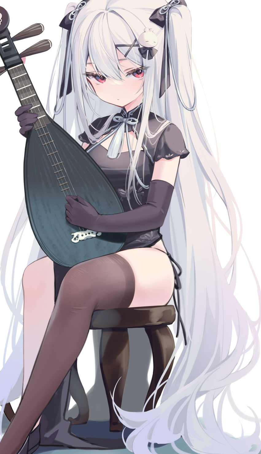 1girl absurdres aka_kan black_dress black_gloves black_panties black_thighhighs china_dress chinese_clothes dress elbow_gloves gloves guitar hair_ornament hairclip highres instrument legs long_hair looking_at_viewer music original panties pelvic_curtain playing_instrument red_eyes ribbon side-tie_panties single_thighhigh sitting solo stool thighhighs thighs two_side_up underwear very_long_hair white_hair