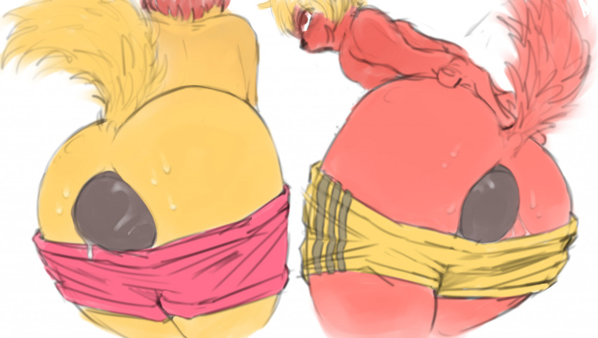 anthro blonde_hair bodily_fluids bottomwear butt buttplug clothed clothing duo hair hand_on_butt looking_back male partially_clothed plug_(sex_toy) presenting presenting_hindquarters raised_tail red_body red_hair red_skin sex_toy shorts shorts_down sweat sweaty_butt vocabulary yellow_body yellow_skin