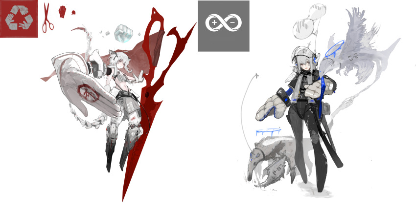 2girls absurdres animal animal_ears antenna_hair arrow_(symbol) bag balloon barcode bare_shoulders bird black_bag blush brown_eyes chimera claws closed_mouth collar crab_claw creature cross extra_arms floating floating_object flying gloves grey_background grey_eyes grey_gloves grey_hair hair_between_eyes hair_ornament hairclip halo highres ice infinity kite_balloon looking_at_viewer math mechanical_arms mechanical_legs mechanical_tail medium_hair minus_sign multicolored_clothes multicolored_gloves multiple_girls navel open_hands open_mouth original oversized_object plus_sign pouch recycling_symbol red_gloves ric_li science_fiction scissors see-through short_hair simple_background smile tail transparent two-tone_gloves weapon white_gloves zipper zipper_pull_tab