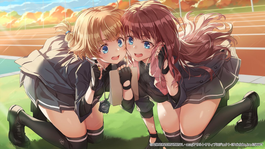 2girls all_fours arm_support assault_lily bangs black_footwear black_gloves black_jacket black_shirt black_skirt black_thighhighs blue_eyes blue_sky blush braid braided_ponytail brown_hair cheek-to-cheek cloud collared_shirt commentary_request day emblem fingerless_gloves floating_hair futagawa_fumi gloves grass hand_up hands_up heads_together holding holding_notepad holding_pen holding_towel jacket jewelry kaede_johan_nouvel layered_sleeves loafers long_hair long_sleeves looking_at_object low_ponytail michairu multiple_girls notepad official_alternate_costume official_art on_grass on_ground open_clothes open_jacket open_mouth outdoors over-kneehighs pen ring running_track school_uniform shirt shoes single_braid single_stripe skirt sky stopwatch stopwatch_around_neck striped striped_skirt sweat teeth thighhighs towel tree upper_teeth watermark wavy_hair wiping_face wiping_sweat yurigaoka_girls_academy_school_uniform