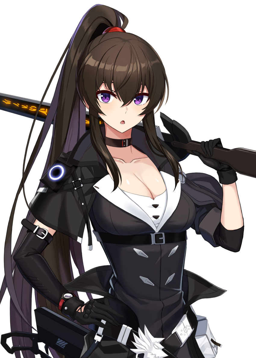 1girl :o absurdres asymmetrical_gloves bangs belt black_belt black_capelet black_gloves black_shirt breasts brown_hair capelet choker cleavage collarbone collared_capelet commentary_request counter:side dlarudgml21 elbow_gloves eyebrows_hidden_by_hair gloves glowing gun hair_between_eyes hand_on_hip hand_up high_belt high_ponytail highres holding holding_sword holding_weapon korean_commentary long_hair looking_at_viewer loose_belt medium_breasts over_shoulder pouch purple_eyes runes shirt sidelocks simple_background single_elbow_glove solo sword sword_over_shoulder uneven_gloves upper_body very_long_hair watch weapon weapon_over_shoulder white_background wristwatch yoo_mina
