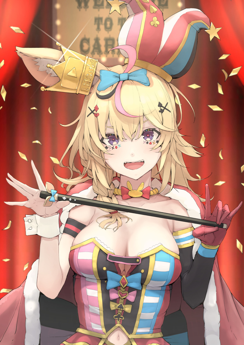 1girl ahoge animal_ears arm_strap bangs blonde_hair blush bow bowtie braid breasts cleavage clothing_cutout confetti elbow_gloves facial_mark fox_ears fox_girl gloves hair_between_eyes hair_ornament hair_over_shoulder hairclip hat heart highres holding hololive jester_cap large_breasts long_hair looking_at_viewer mitsuru_(pixiv_34028718) multicolored_clothes multicolored_gloves multicolored_hair navel navel_cutout omaru_polka open_mouth pink_hair purple_eyes red_bow red_bowtie red_gloves side_braid single_elbow_glove smile solo streaked_hair symbol-shaped_pupils tilted_headwear virtual_youtuber wrist_cuffs x_hair_ornament